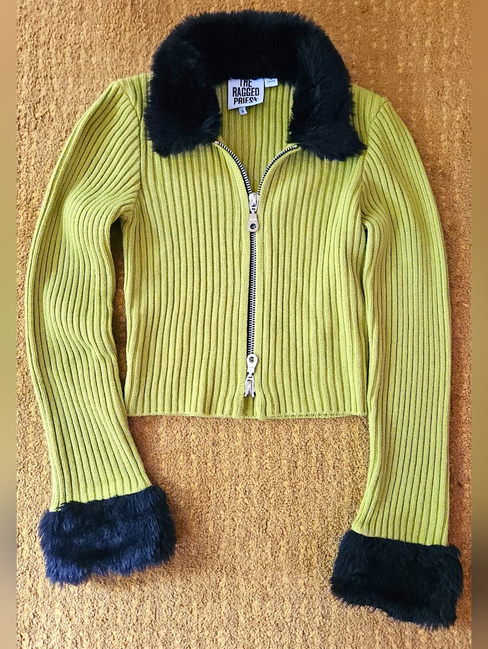The Ragged Priest Lime Green Ribbed Zip Sweater with Black Faux Fur Trim